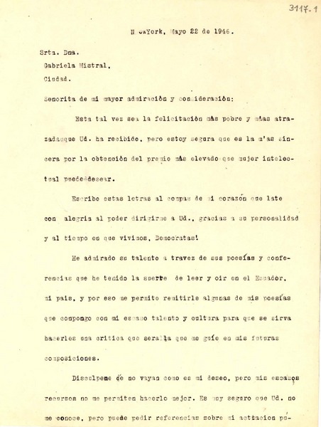 [Carta] 1946 mayo. 22, New York [a] Gabriela Mistral, New York