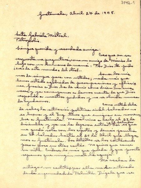 [Carta] 1945 abr. 27, Guatemala [a] Gabriela Mistral, Petrópolis