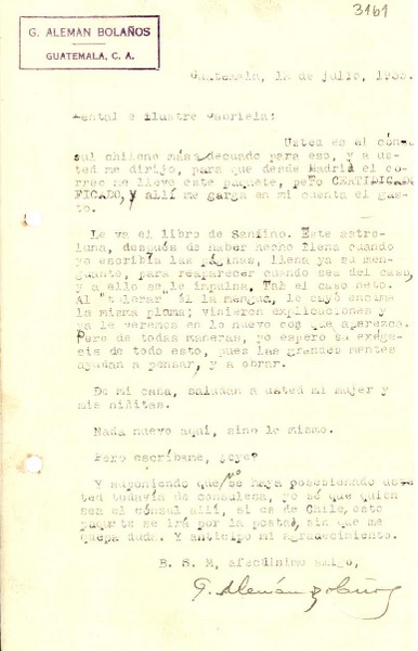 [Carta] 1933 jul. 12, Guatemala [a] Gabriela Mistral