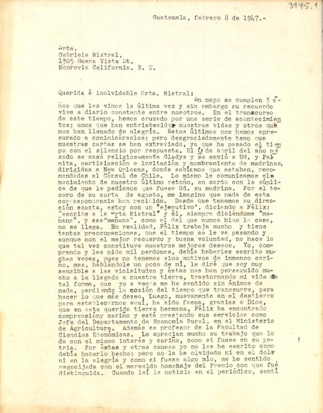[Carta] 1947 feb. 8, Guatemala [a] Gabriela Mistral, Monrovia, California, Estados Unidos