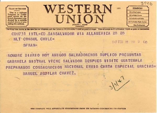 [Telegrama] 1947 feb. 18, San Salvador [a] Cónsul de Chile, San Francisco