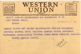 [Telegrama] 1947 feb. 18, San Salvador [a] Cónsul de Chile, San Francisco