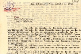 [Carta] 1947 ago. 17, San Salvador [a] Gabriela Mistral, Santa Bárbara