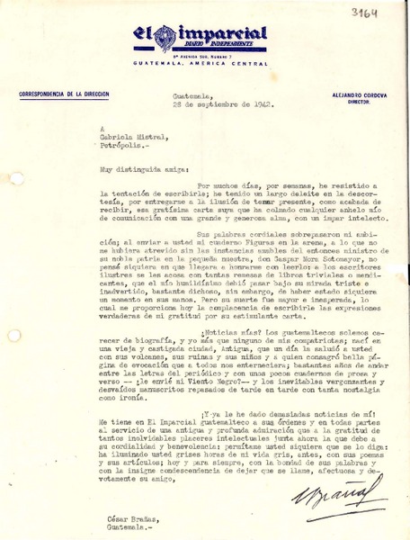 [Carta] 1942 sept. 28, Guatemala [a] Gabriela Mistral, Petrópolis, [Brasil]