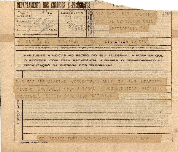 [Telegrama] 1945 nov. 16, Santiago, Chile [a] Gabriela Mistral, Petrópolis, [Brasil]
