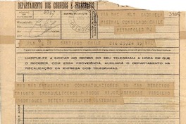 [Telegrama] 1945 nov. 16, Santiago, Chile [a] Gabriela Mistral, Petrópolis, [Brasil]