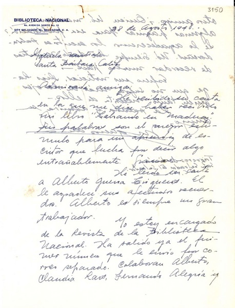 [Carta] 1948 ago. 28, San Salvador, El Salvador [a] Gabriela Mistral, Santa Bárbara, California