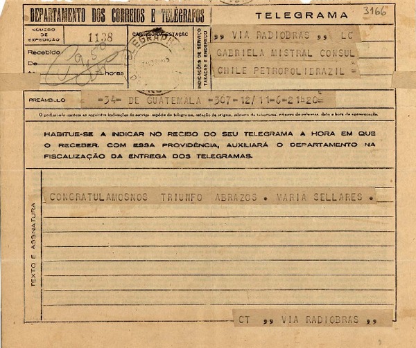 [Telegrama] 1945 nov. 17, Guatemala [a] Gabriela Mistral, Petrópolis, [Brasil]