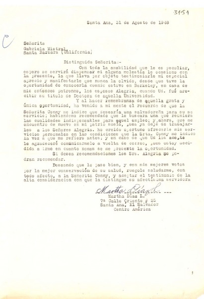 [Carta] 1948 ago. 31, Santa Ana, El Salvador [a] Gabriela Mistral, Santa Bárbara, California