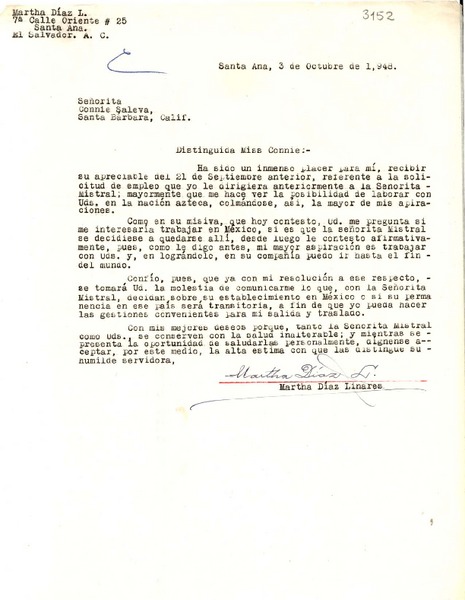 [Carta] 1948 oct. 3, Santa Ana, El Salvador [a] Consuelo Saleva, Santa Bárbara, California