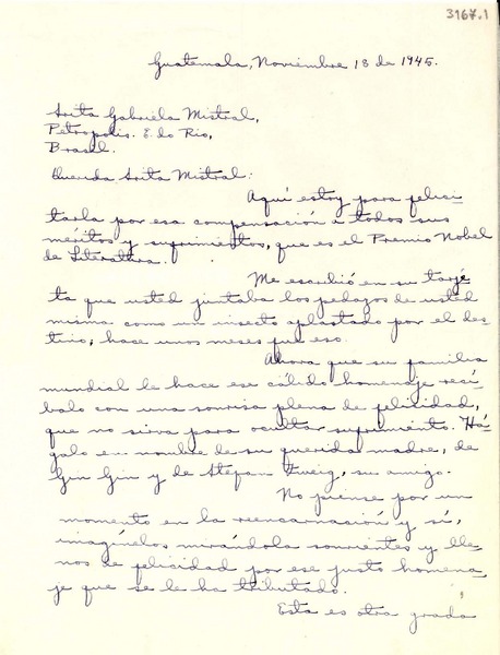 [Carta] 1945 nov. 18, Guatemala [a] Gabriela Mistral, Petrópolis, [Brasil]