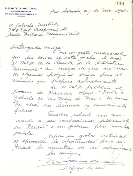 [Carta] 1948 nov. 29, San Salvador [a] Gabriela Mistral, Santa Bárbara, California