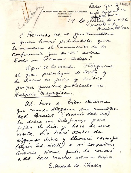 [Carta] 1946 ago. 19, Los Angeles, [Estados Unidos] [a] Gabriela Mistral