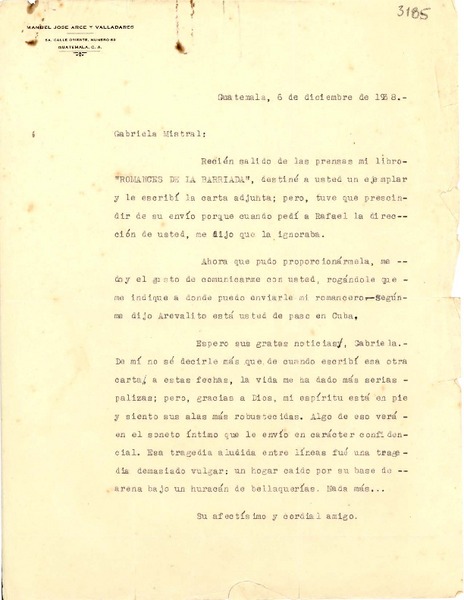[Carta] 1938 dic. 6, Guatemala [a] Gabriela Mistral