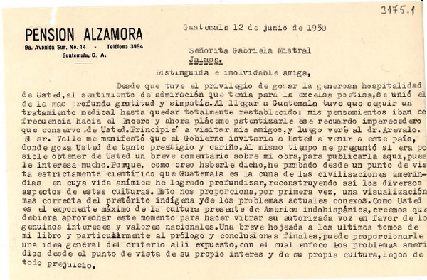 [Carta] 1950 jun. 12, Guatemala [a] Gabriela Mistral, Jalapa, [México]