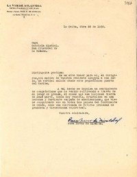 [Carta] 1938 oct. 28, La Ceiba, Honduras [a] Gabriela Mistral, San Cristóbal de La Habana, [Cuba]
