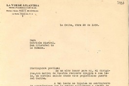 [Carta] 1938 oct. 28, La Ceiba, Honduras [a] Gabriela Mistral, San Cristóbal de La Habana, [Cuba]