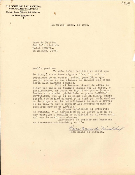 [Carta] 1938 nov., La Ceiba, Honduras [a] Gabriela Mistral, Hotel Vedado, La Habana, Cuba