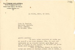 [Carta] 1938 nov., La Ceiba, Honduras [a] Gabriela Mistral, Hotel Vedado, La Habana, Cuba