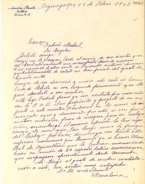 [Carta] 1947 feb. 24, Tegucigalpa, Honduras [a] Gabriela Mistral, Los Angeles, [EE.UU.]