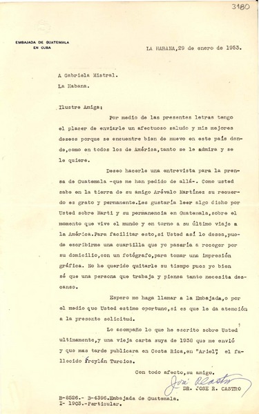 [Carta] 1953 ene. 29, La Habana, Cuba [a] Gabriela Mistral, La Habana