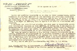 [Carta] 1947 ago. 29, Tegucigalpa, Honduras [a] Gabriela Mistral, Los Angeles, California, [EE.UU.]