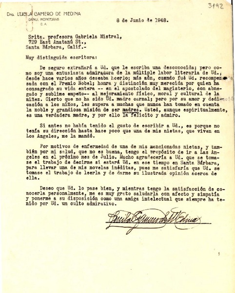 [Carta] 1948 jun. 8, Danli, Honduras [a] Gabriela Mistral, Santa Bárbara, Calif., [EE.UU.]