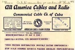 [Telegrama] 1953 feb. 2, Guatemala [a] Gabriela Mistral, La Habana