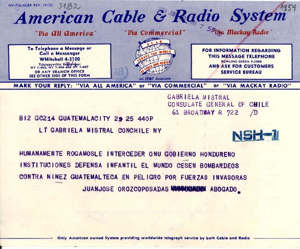 [Telegrama] 1954 jun. 25, Ciudad de Guatemala [a] Gabriela Mistral, Nueva York