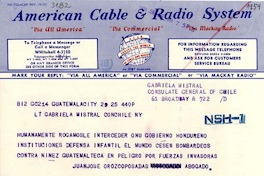 [Telegrama] 1954 jun. 25, Ciudad de Guatemala [a] Gabriela Mistral, Nueva York