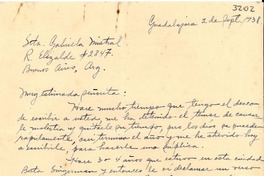 [Carta] 1938 sept. 2, Guadalajara, México [a] Gabriela Mistral, Buenos Aires, [Argentina]