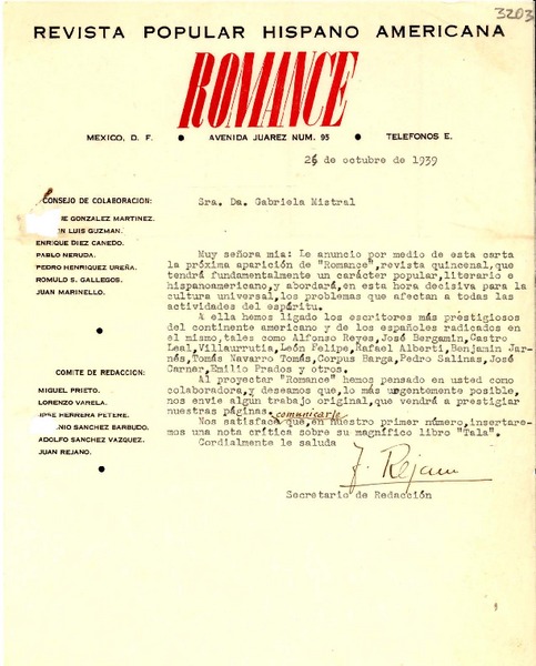 [Carta] 1939 oct. 26, México, D. F., México [a] Gabriela Mistral