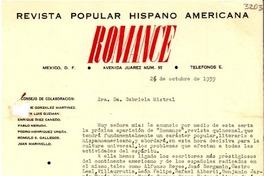 [Carta] 1939 oct. 26, México, D. F., México [a] Gabriela Mistral