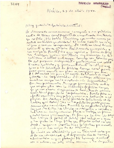 [Carta] 1940 abr. 29, México [a] Gabriela Mistral