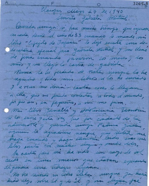 [Carta] 1940 mayo 27, [México] [a] Gabriela Mistral