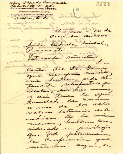 [Carta] 1945 dic. 12, Río de Janeiro [a] Gabriela Mistral