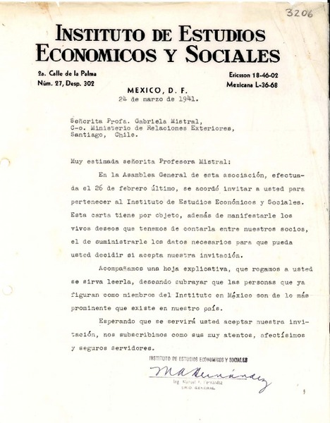 [Carta] 1941 mar. 24, México, D. F., México [a] Gabriela Mistral, Ministerio de Relaciones Exteriores, Santiago, Chile