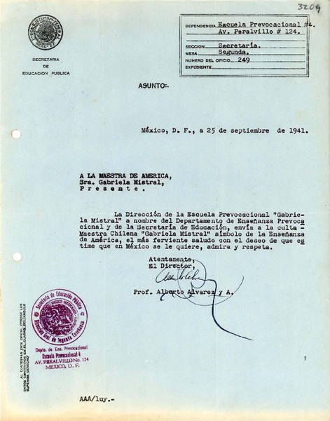 [Carta] 1941 sept. 25, México, D. F., México [a] Gabriela Mistral