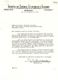 [Carta] 1941 dic. 23, México, D. F., México [a] Gabriela Mistral, Ministerio de Relaciones Exteriores, Santiago, Chile