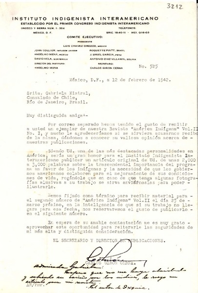 [Carta] 1942 feb. 12, México, D. F., México [a] Gabriela Mistral, Consulado de Chile, Río de Janeiro, Brasil
