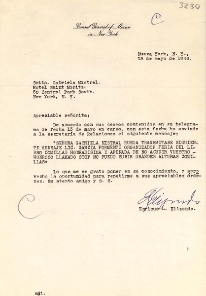 [Carta] 1946 mayo. 15, New York [a] Gabriela Mistral, New York