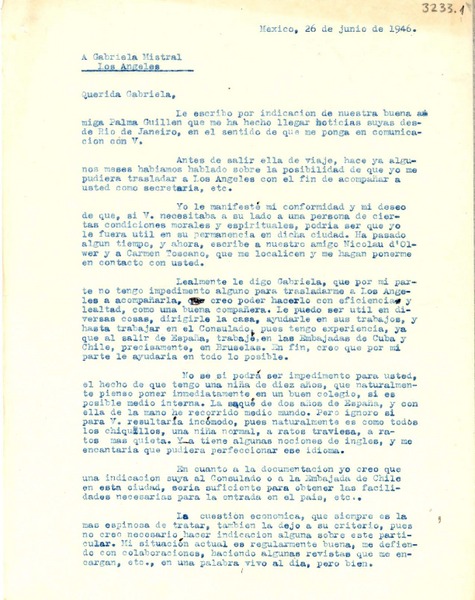 [Carta] 1946 jun. 26, México [a] Gabriela Mistral