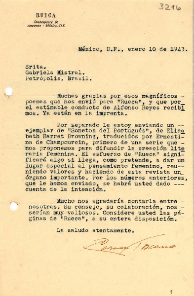 [Carta] 1943 ene. 10, México, D. F., México [a] Gabriela Mistral, Petrópolis, Brasil