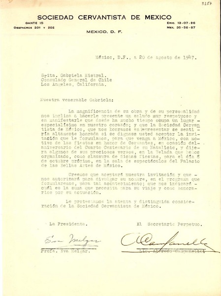 [Carta] 1947 ago. 20, México, D. F., México [a] Gabriela Mistral, Consulado General de Chile, Los Angeles, California, [EE.UU.]