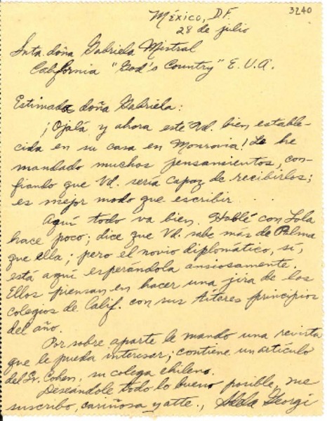 [Carta] 1946 jul. 28, México D.F [a] Gabriela Mistral, California