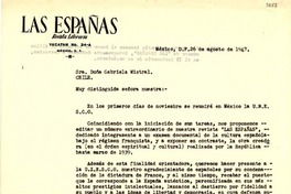 [Carta] 1947 ago. 26, México, D. F., México [a] Gabriela Mistral, Chile