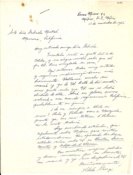 [Carta] 1946 nov. 13, México D.F [a] Gabriela Mistral, Monrovia, California