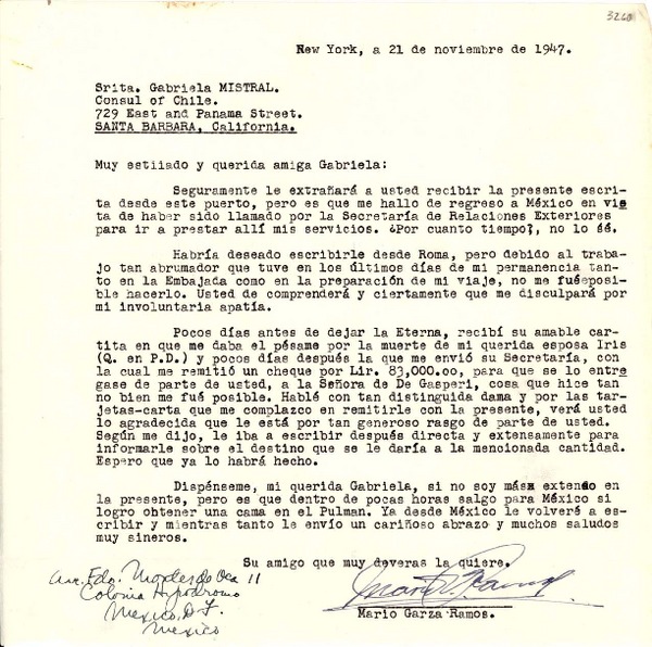 [Carta] 1947 nov. 21, New York, [EE.UU.] [a] Gabriela Mistral, Santa Bárbara, California, [EE.UU.]