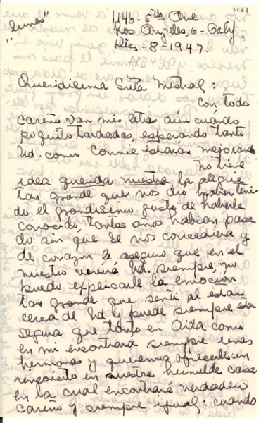 [Carta] 1947 dic. 8, Los Angeles, Calif., [EE.UU.] [a] Gabriela Mistral