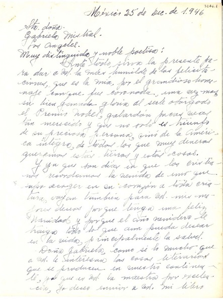 [Carta] 1946 dic. 25, México [a] Gabriela Mistral, Los Ángeles